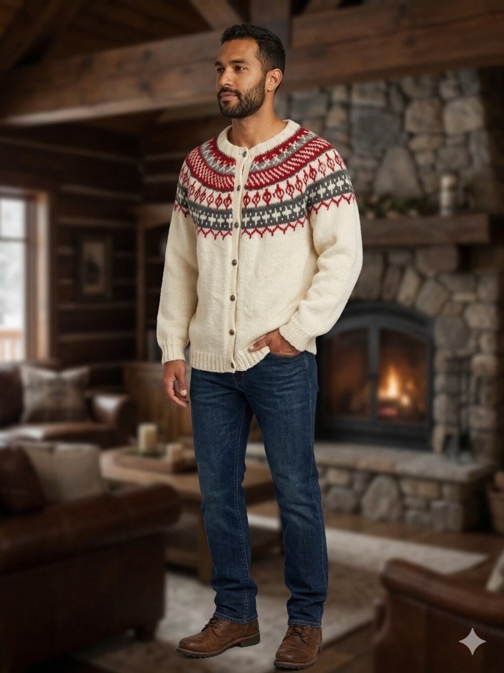 Vintage Pure Wool Geometric Nordic Yoke Knit Cardigan Sweater Men’s XL